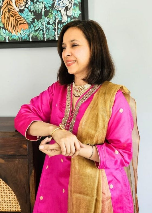 Chanderi silk pink long kurta