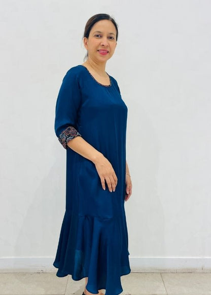 Blue round neck ajrakh dress