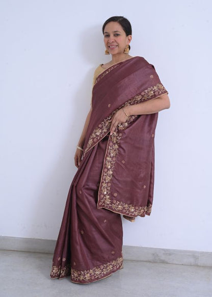 Brown Zari embroidery Saree