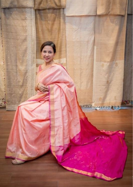 Peach ikkat saree with jamdani boota