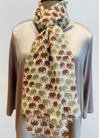 Green and Brown Elephant Print Silk Wool Stole