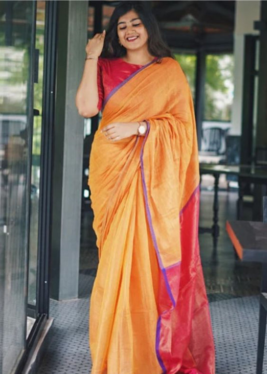 Sunset Orange Pink Fulia Cotton Tissue Saree