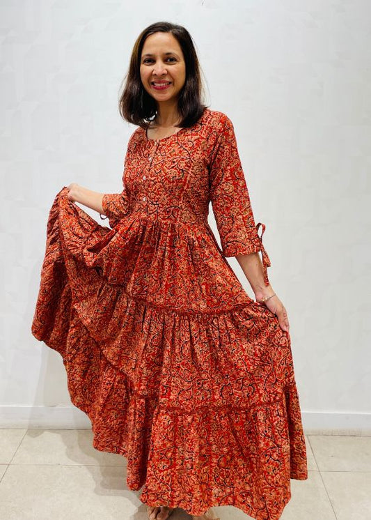 Red kalamkari 3 tier dress