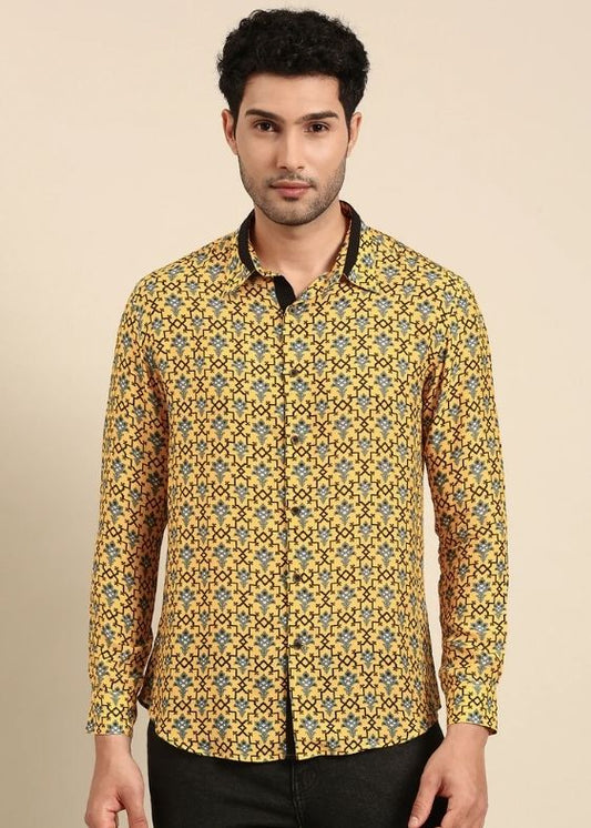 Yellow Blk Muslin Printed Shirt - MM0869