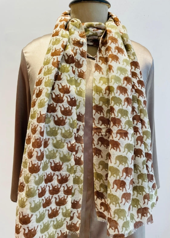 Green and Brown Elephant Print Silk Wool Stole