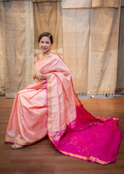 Peach ikkat saree with jamdani boota