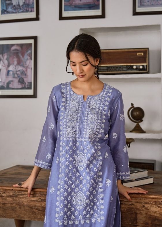 Blue Chanderi 3 Piece Suit