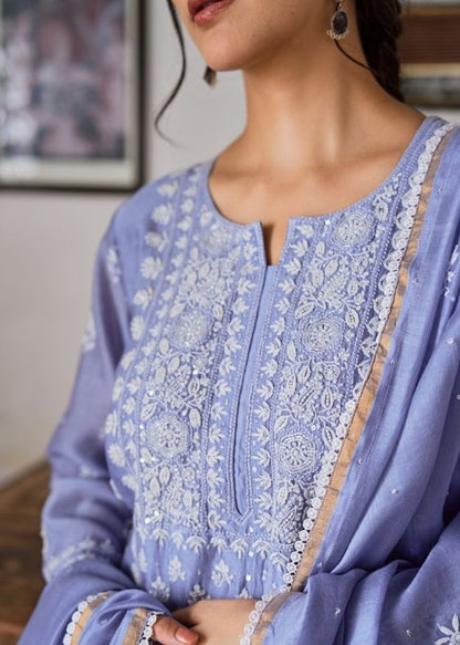 Blue Chanderi 3 Piece Suit