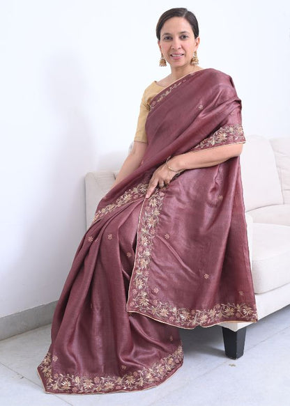 Brown Zari embroidery Saree