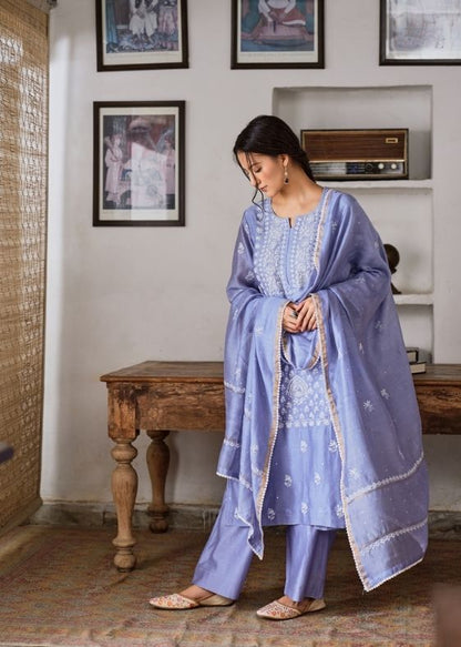 Blue Chanderi 3 Piece Suit