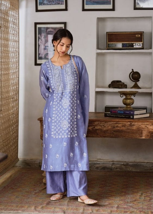 Blue Chanderi 3 Piece Suit