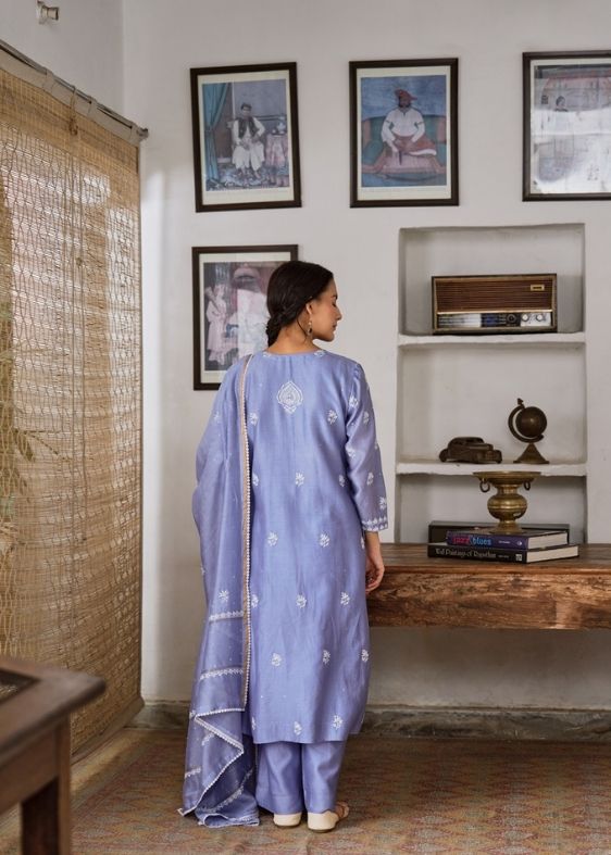 Blue Chanderi 3 Piece Suit