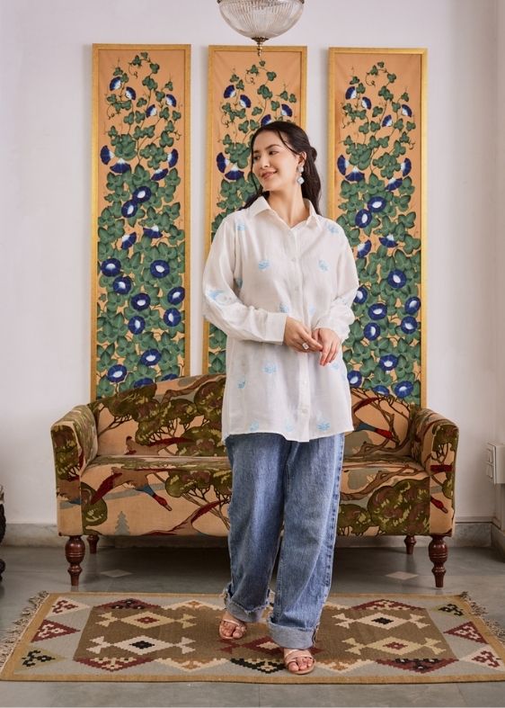 White with Blue Chikankari Embroidery Suit