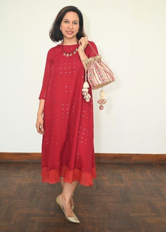 Maroon Sequins Double Layer Fulia Cotton Dress