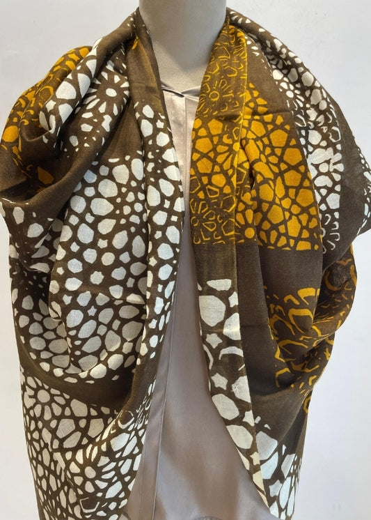 Brown and Mustard Printed Silk wool Stole