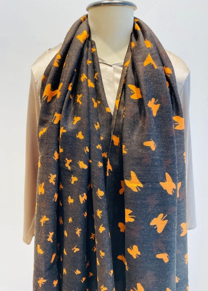 Black Butterfly print silk wool Stole