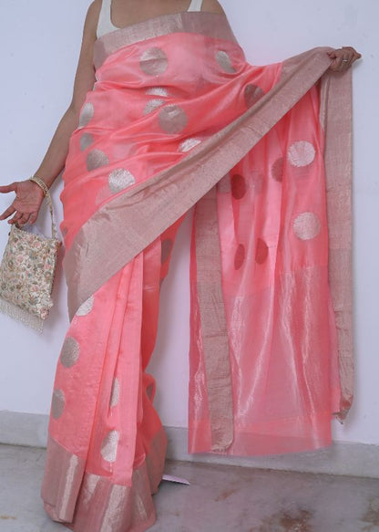 Peach Lotus Silk Chanderi Saree