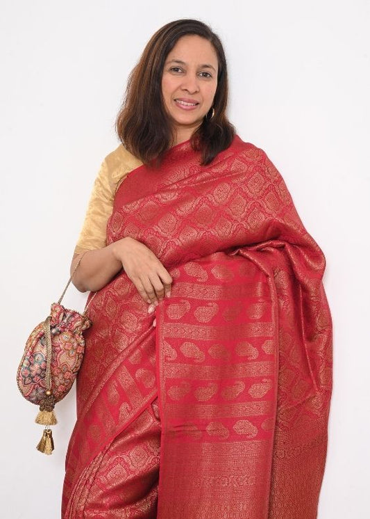 Red Gold Flower Banarasi Crepe Silk Saree