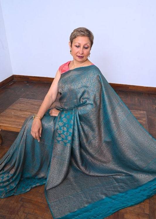 Teal Gold Flower Banarasi Crepe Silk Saree