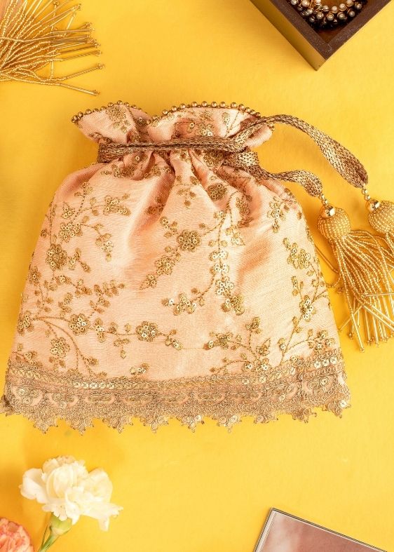 Peach Alia Silk Embroidered Potli Bag