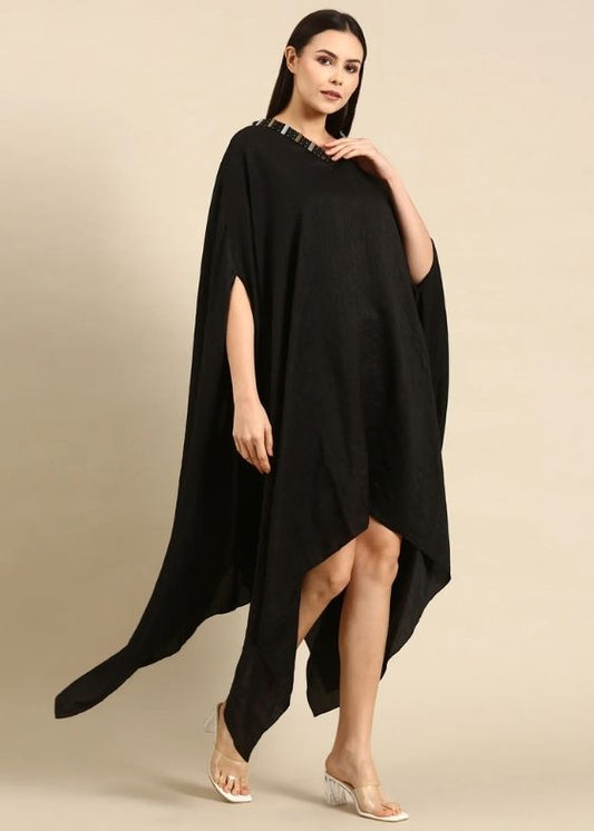 Black Slub Silk Kaftan Dress-AS0659