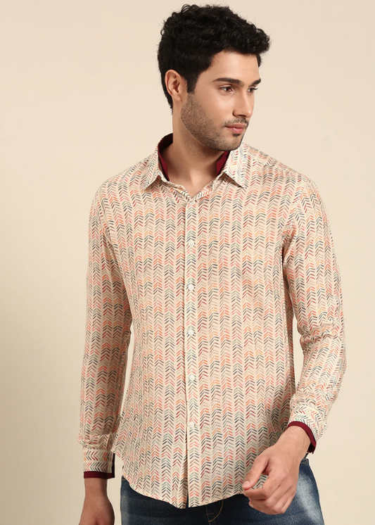 Beige Muslin Print Designer Shirt