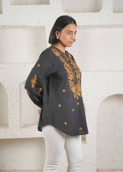 Black Gold embroidery cotton blouse