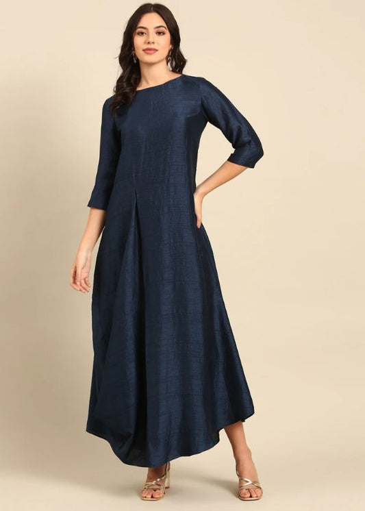 Navy Blue Silk Cotton Slub Dress-AS0683