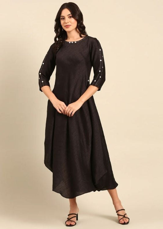 Black Silk Cotton Slub Dress-AS0488