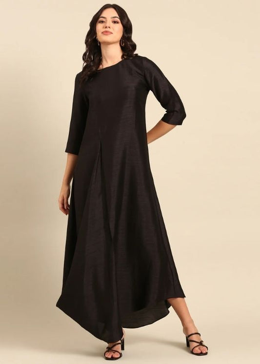 Black Silk Cotton Slub Dress-AS0690