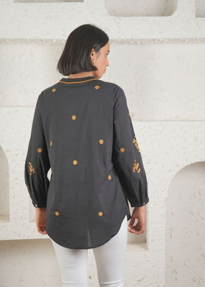 Black Gold embroidery cotton blouse