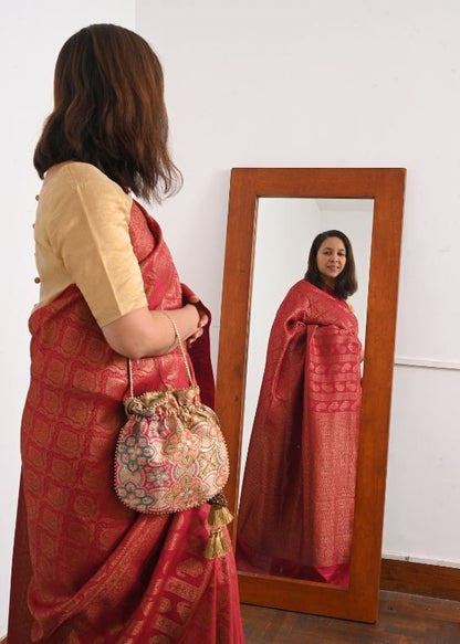 Red Gold Flower Banarasi Crepe Silk Saree