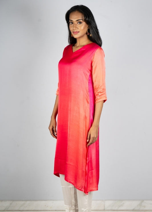 Red V Neck Shaded Modal Silk Dress