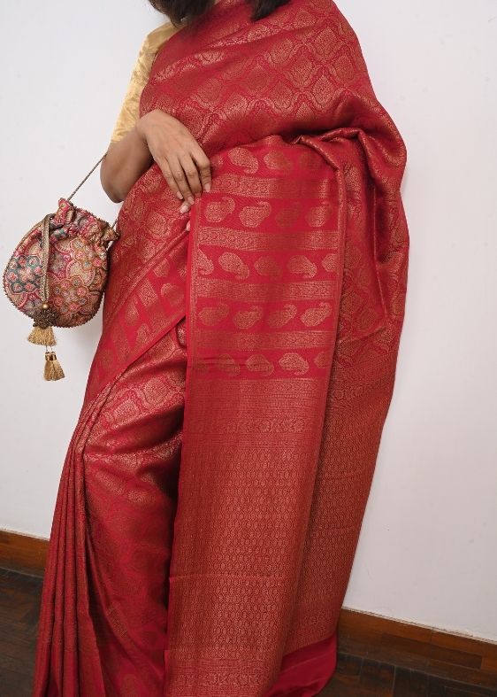 Red Gold Flower Banarasi Crepe Silk Saree