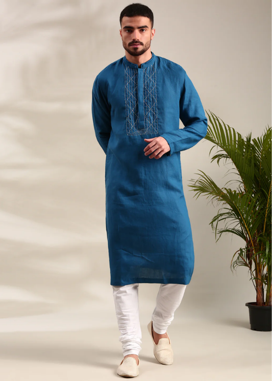 Blue Linen Kurta Set