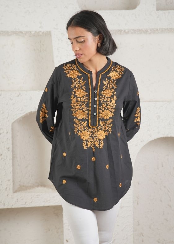 Black Gold embroidery cotton blouse