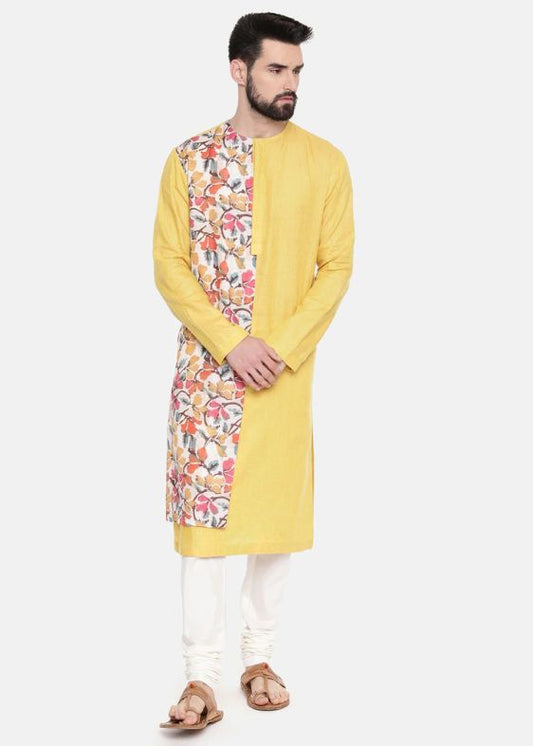 Yellow printed linen kurta set