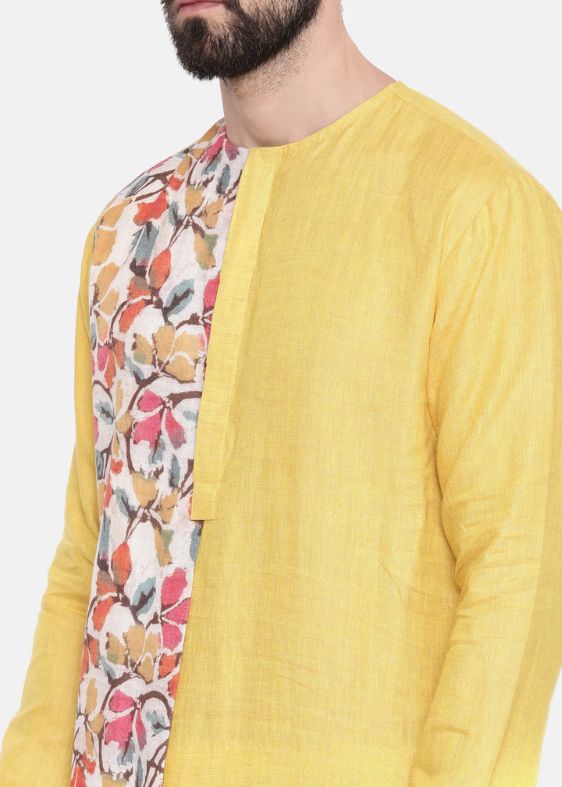 Yellow printed linen kurta set