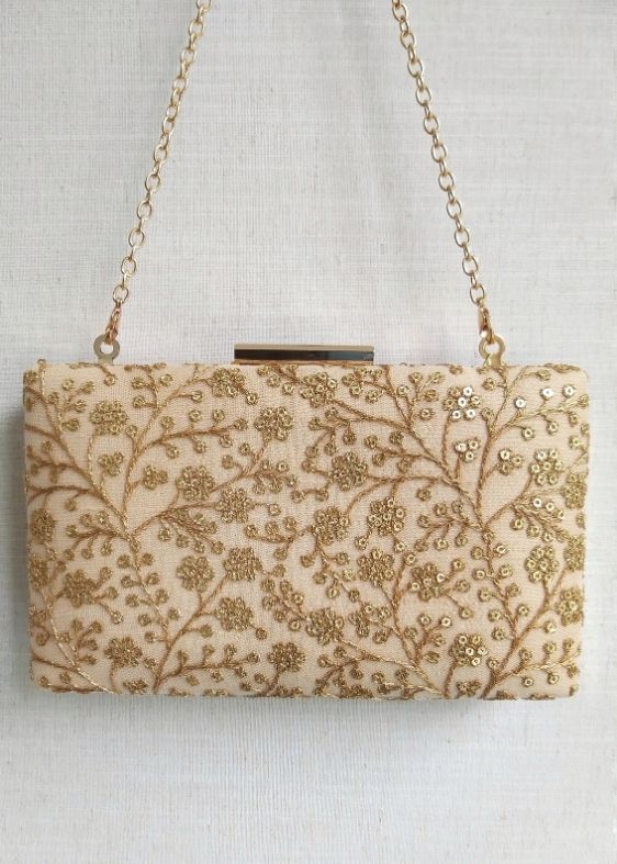 Beige Sequin Embroidered Box Clutch
