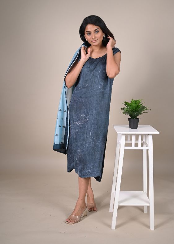 Blue sleeveless silk cotton dress