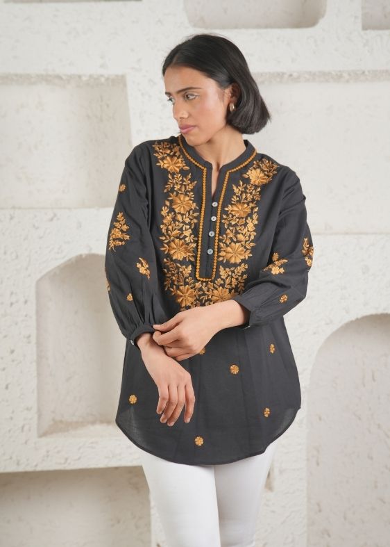 Black Gold embroidery cotton blouse