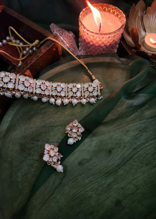 White stones with hanging pearls choker and earrings