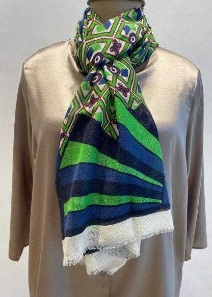 Green And Blue Geometric Print Silkwool Stole