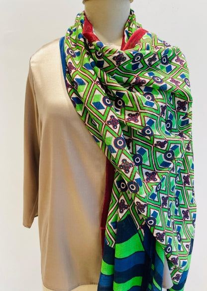 Green And Blue Geometric Print Silkwool Stole