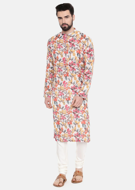 Beige/Yellow/Pink Printed Kurta Set