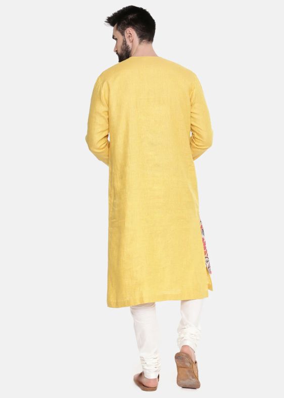 Yellow printed linen kurta set