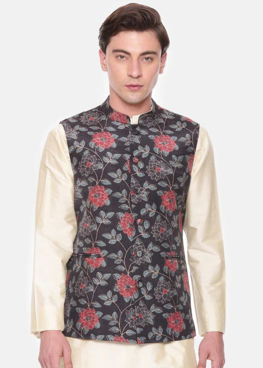 Black Red Printed Muslin Nehru Jacket - MMWC0224