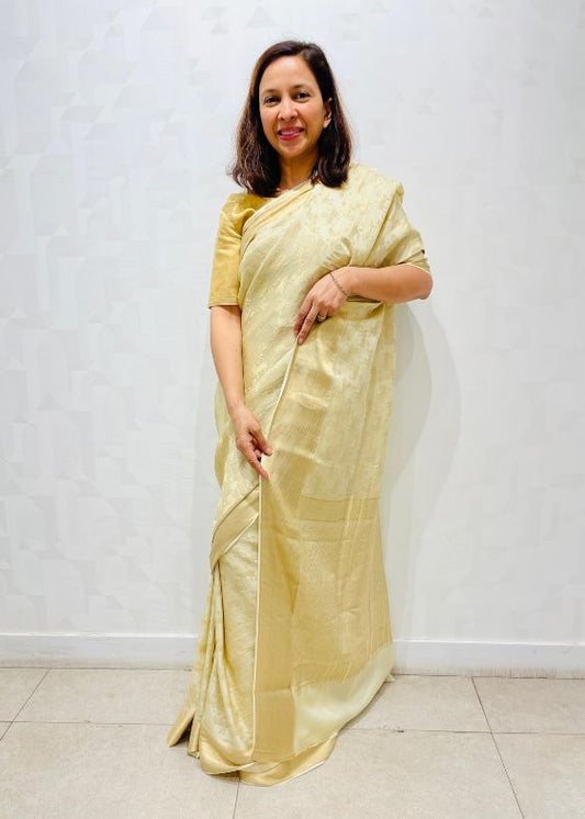 Cream crepe silk saree