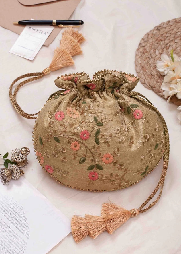 Floral Creeper Gold Potli Bag- AM PT 0620 0010