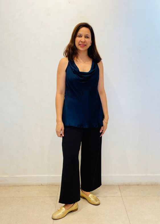 Navy blue cowl neck modal silk blouse